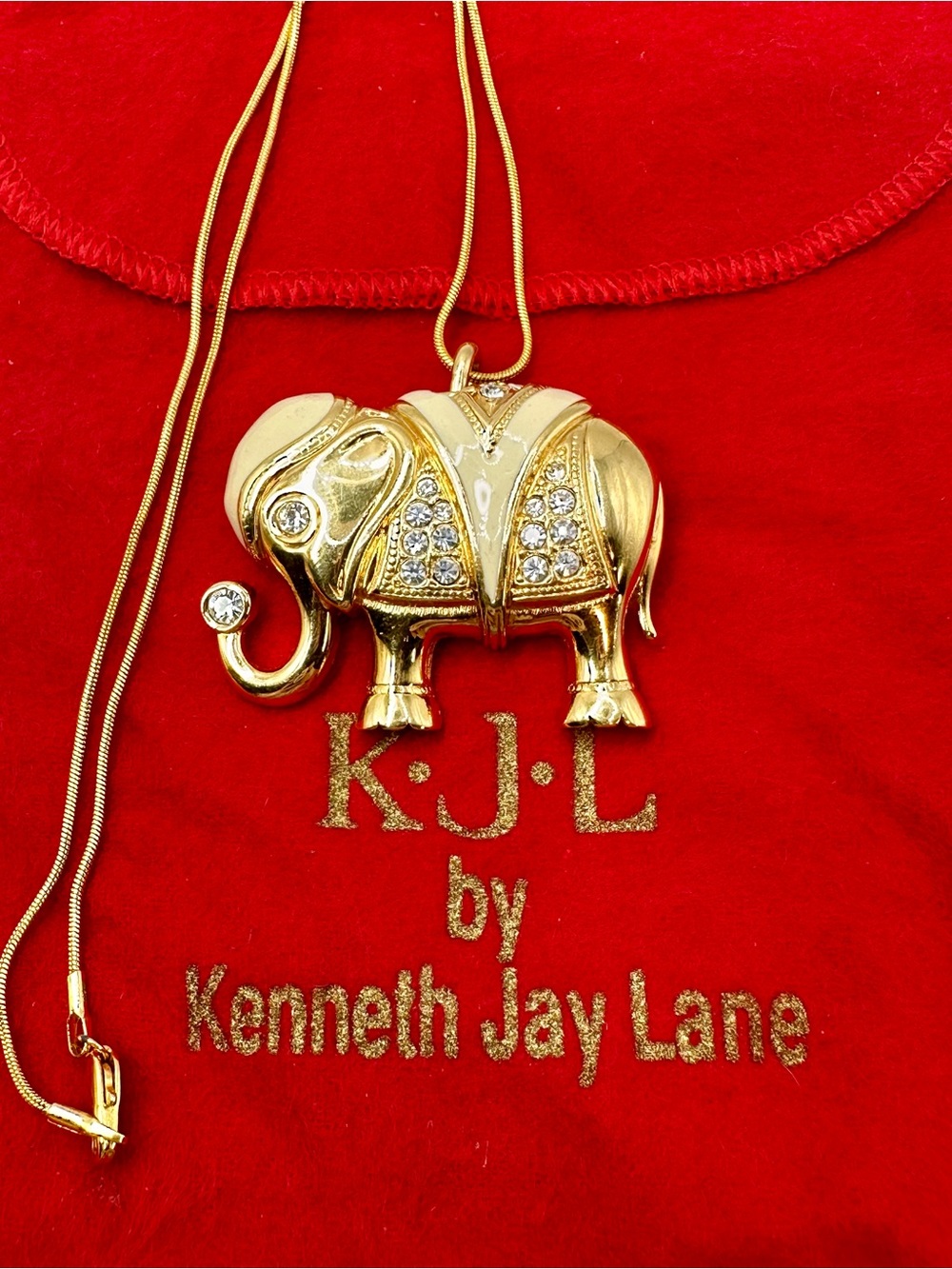 Kenneth Jay Lane Gold Elephant Necklace Brooch Duo Crystal With KJL Dust Bag